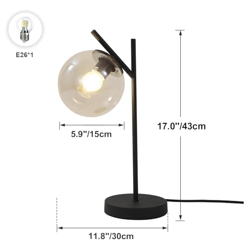 Image of Mid Century Table Lamp Vintage Bedroom Desk Lamp Black Nightstand Lamp Contemporary Clear Glass Globe Bedside Lamp for Office Study Room