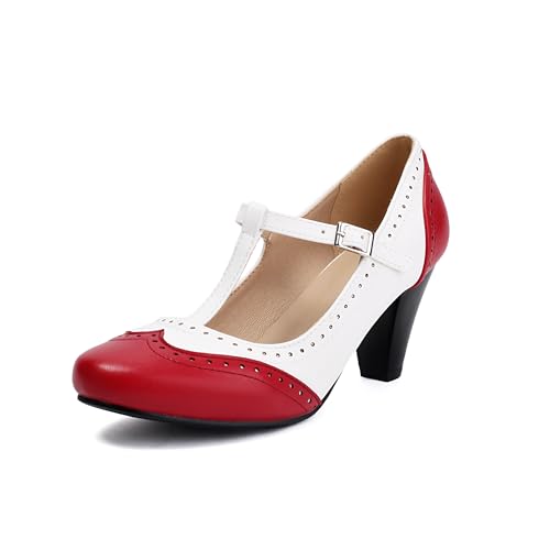 Elerhythm Women's Mary Jane Two Tone Classic and Retro Oxford Wingtip 1920s Pump Heels 1950s Vintage Round Closed Toe 1940s Ankle Strap Dress Shoes