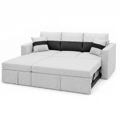 Image of FURNY Soria 4 Seater LHS Lounger Sofa Cum Bed (Light Gray - Black) with Pull-Out Function | Luxury Velvet Suede Finish | Durable Comfort | Ideal for Living Room