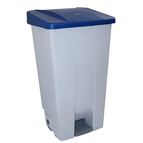 Contenedor de Reciclaje con Pedal 120L Gris con Tapa Azul– Cubo de Basura Selectivo con Ruedas y Asa Ergonómica, Plástico Resistente y Fácil Limpieza | Denox
