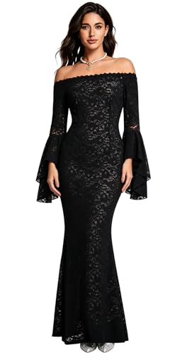 Image of HOYISHION Women's Off The Shoulder Floral Lace Maxi Dress White Bridesmaid Wedding Party Maternity Photoshoot Long Dresses