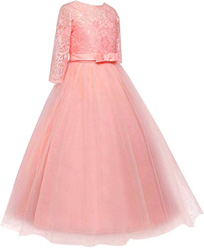 Flower Girls Dress Wedding Party Vintage Floral Lace Princess Long Dress For Kids 3/4 Sleeves Maxi Gown Floor Length Bridesmaid Pageant Tulle Dress First Communion Prom Evening Formal Dress Pink 9-10 #TOP3