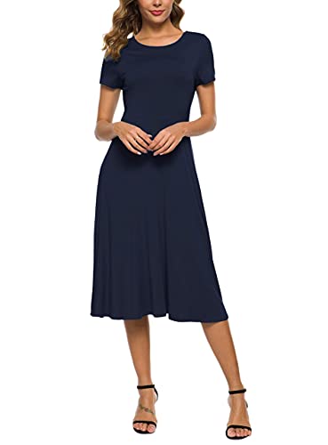 Image of EXCHIC Women's Casual Round Neck Short Sleeve Midi Dress Solid Stretchy Waist Knee Long Dress