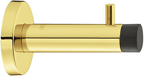 Fermaporta da parete in acciaio inox PVD in ottone lucidato con gancio appendiabiti – H8055 – Profondità: 90 mm – Gommini per montaggio a parete – 1 pezzo – Fermaporta