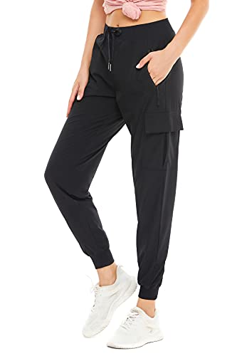 Women's Cargo Joggers Quick Dry Hiking Pants Drawstring Running Sweatpants with Pockets Black X-Small