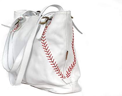 Mpowered Baseball Leather Baseball Themed Handbag Purse with Red Stich Baseball Seams, 20" x 2" x 13.5", White, Medium