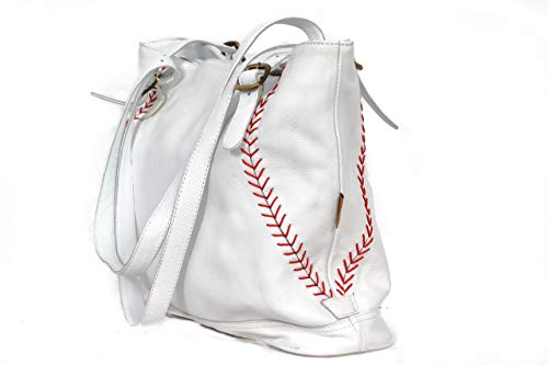 Mpowered Baseball Leather Baseball Themed Handbag Purse With Red Stich Baseball Seams, 20" X 2" X 13.5", White, Medium #TOP1