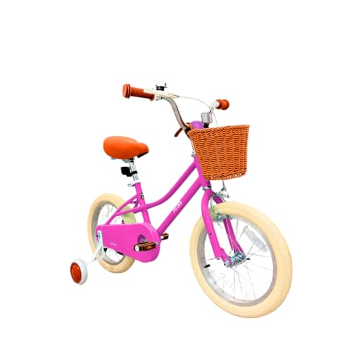 ATAA Bicicleta Infantil 16' Pulgadas Rosa Pulgadas con ruedines Ajustables Cesta Delantera y Timbre para niñas y niños Coaster