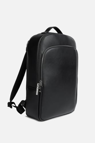 Image of SNITCH Black VeganLeather Backpack, Minimalist Style, Zippered Compartments, Top Handle