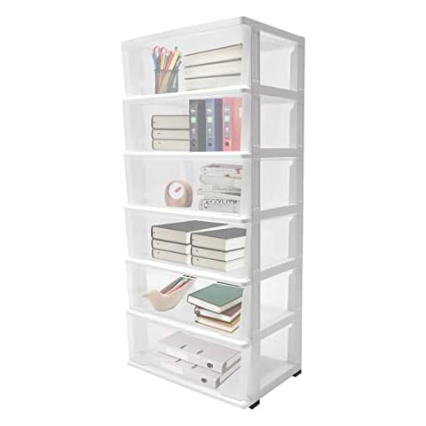 LINISHOP 6-Tier Rolling Storage Cart Rectangle Rolling Storage Cabinet Organizer Books Documents Storage Foldable Drawer Shelves Unit Rack with 4 Wheels for Home Office PP 19.7*13*43in (White+Clear) Cover