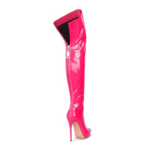 Image of Thigh high boots for women striped Back zipper Burgundy Zebra Print Over the knee Sexy gold white pointed toe Cow Print leopard Magenta stiletto heel