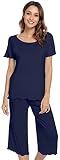 NACHILA Bamboo Pajamas for Women Soft Pajama Sets Short Sleeve Top with Capri Pants Pjs Plus Size Lo
