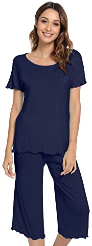 Nachila Bamboo Pajamas For Women Soft Pajama Sets Short Sleeve Top With Capri Pants Pjs Plus Size Loungewear Navy M #TOP11