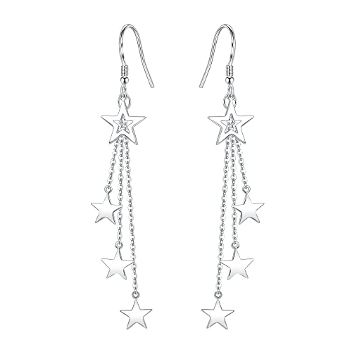 Sterling Silver Long Dangle Drop tassel star meteor earrings For Women