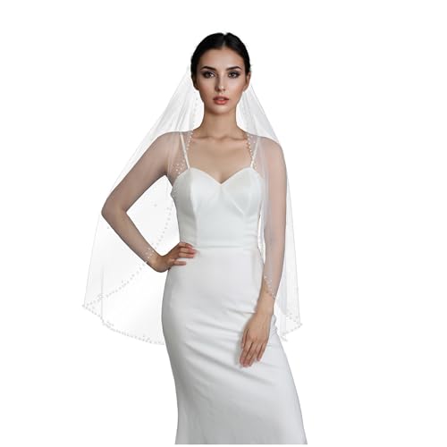 Wedding Pearl Veil, Bridal Veils Fingertip Length, Wedding Tulle Pearl