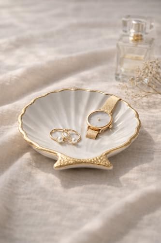 Image of TREETRUNK Handmade Concrete Shell Trinket Tray | Jewellery /Makeup /Table Organizer | Home Decor | Candle Tray | Multipurpose | Gold Foil | 9.5x9.5cm