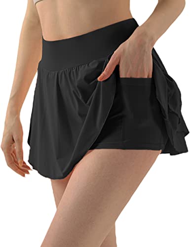 HANERDUN Tennisröcke Damen 2 in 1 Sportrock mit Hose Drunter Laufrock Plissierte Hosenrock Sommerrock mit Tasche & Innenhose Cover