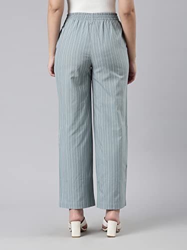 Image of GO COLORS Women Blue Stripe Cotton Wide Pants