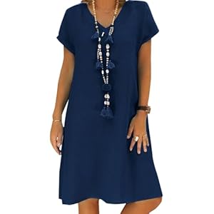 Women’s Dress Summer Linen Dresses Casual V Neck Midi Dress Short Sleeve A-line Dress Sundress Tunic Dress Without Accessories