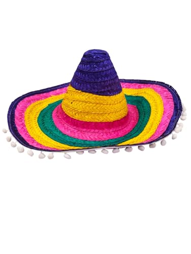 Image of BookMyCostume Colorful Mexican Straw Hat for Adults & Teenagers - Multicolor Fiesta Sombrero with White Cotton Ball Lace | Traditional Unisex Costume Hat for Theme Parties & Fancy Dress