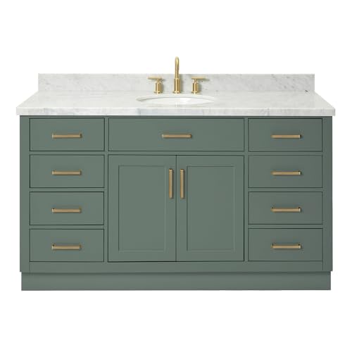 ARIEL Hepburn 60-inch Bathroom Vanity with Sink,Solid Wood, 1.5-inch Italian Carrara Marble Countertop, Single Oval Porcelain Sink, 2 Soft Closing Doors, 9 Dovetail Drawers, Vintage Green