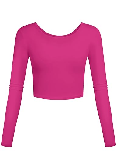 Long Sleeve Crop Tops for Women Fall Basic Slim Workout Shirts for Teen Girls (Hot Pink Medium)