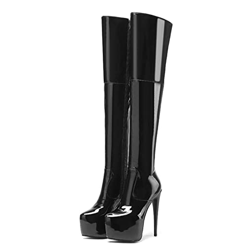 Cuissardes en cuir PU noir à talons hauts pointus et fermeture éclair pour femme