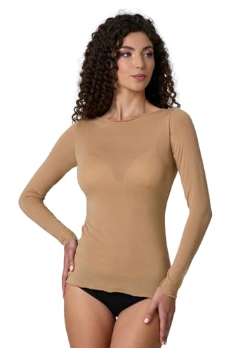 LADY·C Modal + Cashmere Boat Neck Women's Underwear Outer Soft and Warm, camel, X-Large