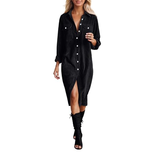 Duohropke Kleid Damen Elegant Cord Shirtkleid Herbst Button Down Hemdkleid Lose Swingkleid Hohe Taille Cord Minikleid Revers Freizeitkleid Vintage...