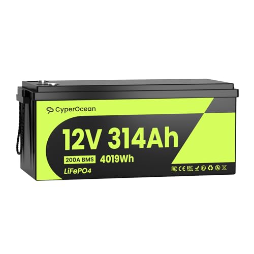 CyperOcean 12V 314Ah LiFePO4 Battery 4019Wh Deep Cycle Lithium Iron Phosphate Battery with 200A BMS (2560W Output) 15000+ Cycles for RV Camper Solar Trolling Motor Marine & Off-Grid System