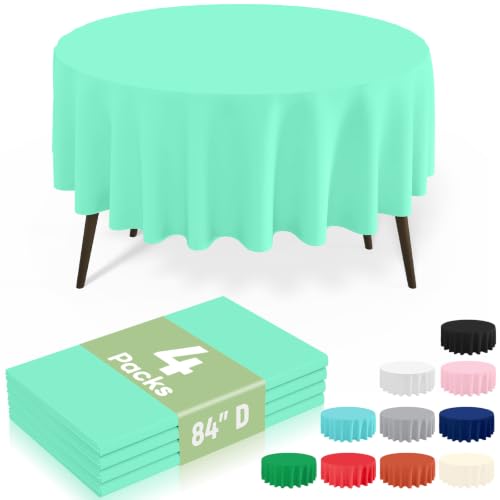 Image of misaya 4 Packs Disposable Plastic Table Cloth, 84 inch Round Waterproof Tablecloth, Leakproof & Sturdy Decorative Table Covers for Picnic, Party, Outdoor and Back to School, Mint Green