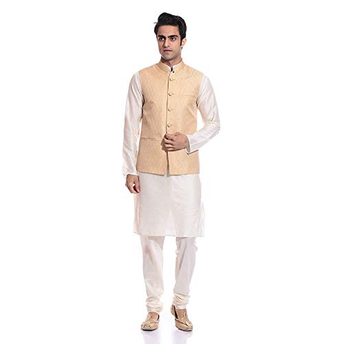 Image of Uri and MacKenzie Men's Silk Blend Regular Kurta Churidar Pyjama with Bundi Nehru Jacket /Waistcoat