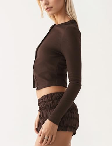 MISSACTIVER Womens Long Sleeve Button Down Crop Tops Crew Neck Ribbed Knit Lightweight Cardigan Shirts Fall Slim Fit T Shirt3