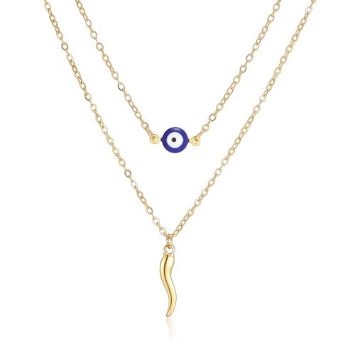 VASSAGO – Collier avec pendentif œil contre le mauvais œil – Collier italien cornu – Colliers superposés pour femmes – Œil bleu turc porte-bonheur – Bijou de protection pour femmes et hommes – Cadeau