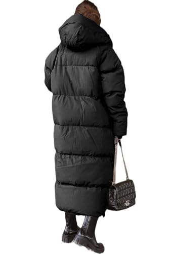 Tankaneo Damen Lange Wintermantel mit abzippbarer Kapuze Langarm Puffer Gesteppter Mantel Funktionsjacke in Daunenoptik Winter Oberbekleidung,Schwarz,XL