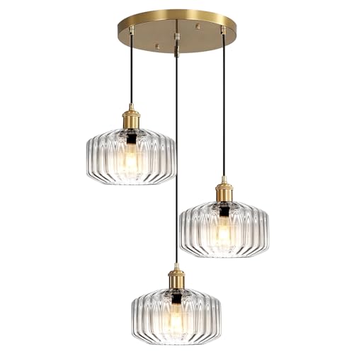 Image of 3-Light Glass Pendant Light Kitchen Island Mid Century Modern Pendant Gold Chandelier Clear Adjustable Hanging Pendant Lighting for Dining Room Light Fixtures Over Table, Living Room