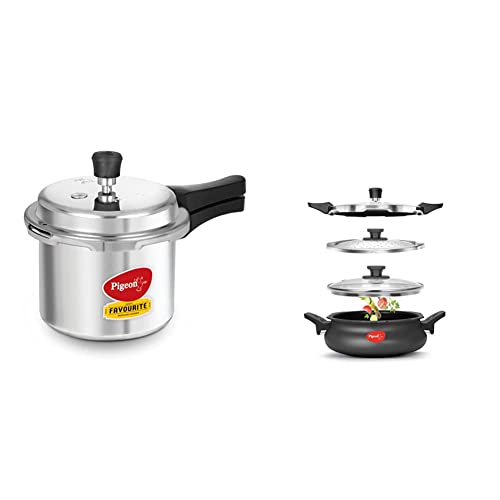 Image of Pigeon by Stovekraft Favourite Outer Lid Non Induction Aluminium Pressure Cooker, 3 Litres, Silver & Pigeon by Stovekraft All in One Super Cooker 620-H 3 Litre Hard Anodised Pressure Cooker (Black)
