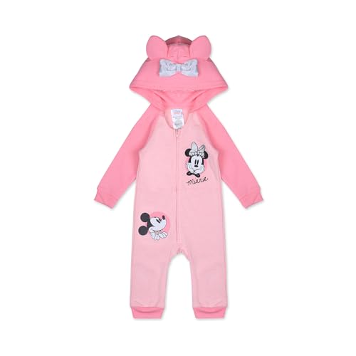 Image of Disney Minnie Mouse Girls’ Zip Up Hooded Coverall for Newborn – Pink/Grey