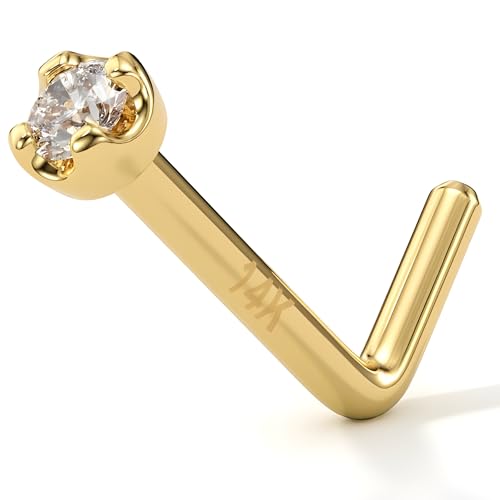 Body Candy 14K Solid Gold Nose Ring Studs - 1.5mm (0.015 cttw) Genuine Diamond L Shaped 20 Gauge 1/4
