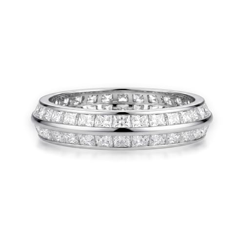 munone 5mm Eternity UFO Double Channel Set Ring for Women Men, Princess Cut AAAAA-Grade Cubic Zirconia Wedding Anniversary Stackable 18K White Gold Plated Titanium Fashion Trendy Jewelry