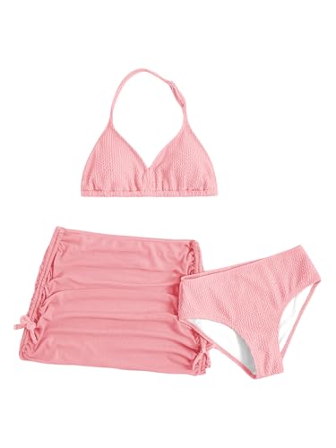 Image of SHENHE Girl's 3 Piece Swimsuits with Cover Up Skirt Halter Triangle Bathing Suits Bikini Set