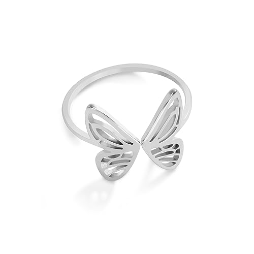 Dreamtimes Abierto Ajustable Mariposa Anillo Acero Inoxidable Color Oro Mujeres Estética Dedo Anillos Kpop Moda Boda Joyería Regalo (plata)