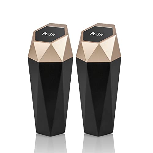 SZEOF Car Trash Can with Lid,Portable Vehicle Auto Car Garbage Can,Diamond Design Mini Garbage Bin for Automotive Car, Home, Office, Kitchen, Bedroom(2 Packs,Gold)