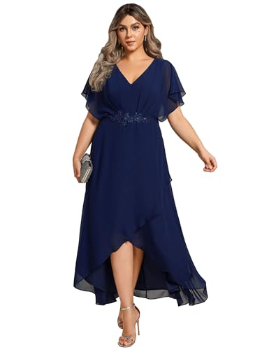 Image of Ever-Pretty Plus Women's V Neck Applique Plus Size Wedding Guest Dress Short Sleeves Maxi Formal Dresses