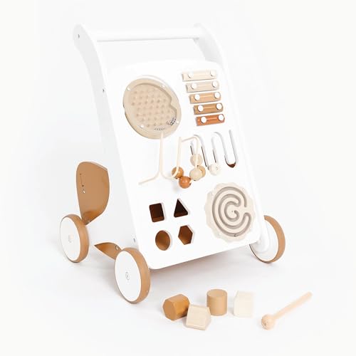 Image of Gathre Wooden Baby Activity Push Walker with Wheels, Busy Board, and Toys Included, Great for Ages 12+ Months, Easily Wipeable, Modern Beige Aesthetic - Camel