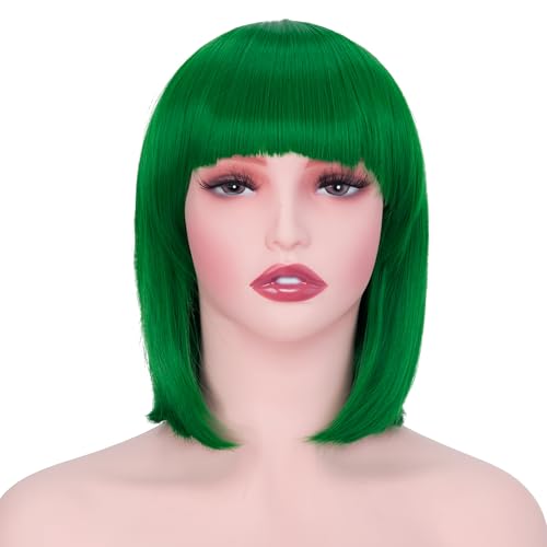 Image of Rose bud Forest Green Bob Wig with Fringe 12 Inch Short Straight Costume Wigs for Women Cosplay Party Halloween