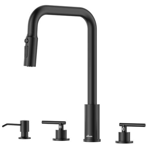 Image of APPASO 4 Hole Black Kitchen Faucet with Pull Down Sprayer & Soap Dispenser | Matte Black Square Neck Kitchen Sink Faucet with Dual Handle, Stainless Steel for 3 and 4-Hole Sinks, Easy to Install