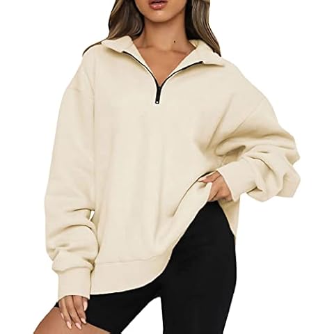FANGJIN Damen 1/2 Zip Pullover Herbst Winter Frauen Freizeit Sport Langarm Sweatshirt Streetwear Tops Baumwolle Plüsch Oberteile Beige XL Cover