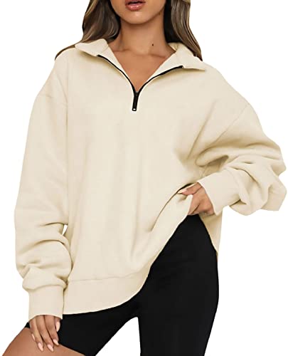 FANGJIN Jumpers for Women UK Long Sleeve 1/4 Zip Drop Shoulder Tops for Women UK Winter Solid Color Lapel Collar Fashion Sweatshirt for Women UK Beige Size L