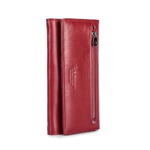 Contacts Carteira Bifold Feminina em Couro Legítimo com 15 Porta-Cartões, Bolso para Moedas, Compartimento para Notas, Porta-ID e Suporte para Celular, Compacta e Luxo(Vermelho)